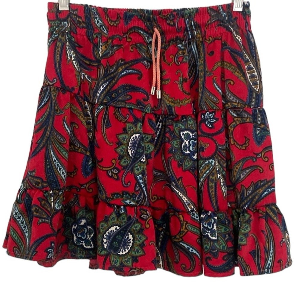 CaCao Red Paisley Ruffles Tie Elastic Waist Skirt